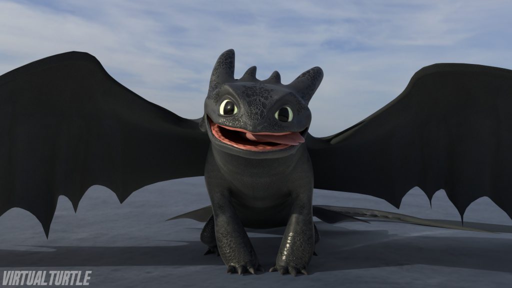 3D model render of Toothless smiling happily at viewer.