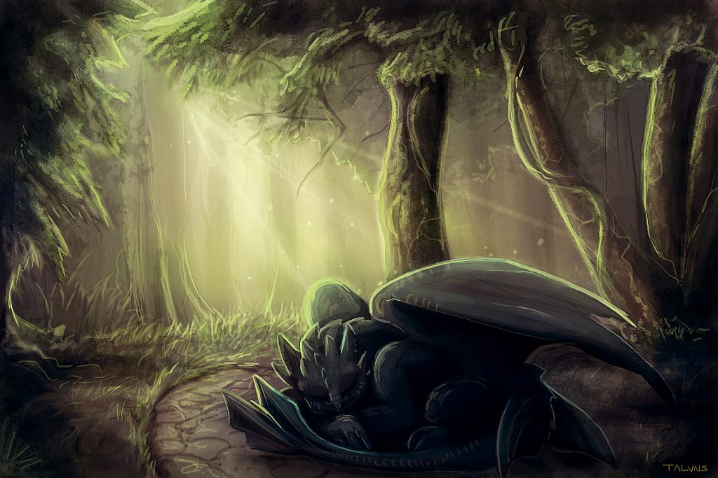 Toothless sleeping in a sunlit forest.