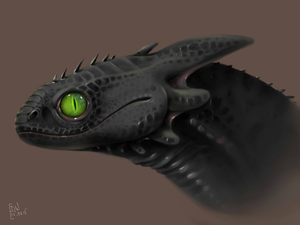 Portrait of Toothless, drawn in a more reptilian and realistic style.