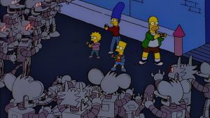 Simpsons scene: killer robots attacking the Simpson family.