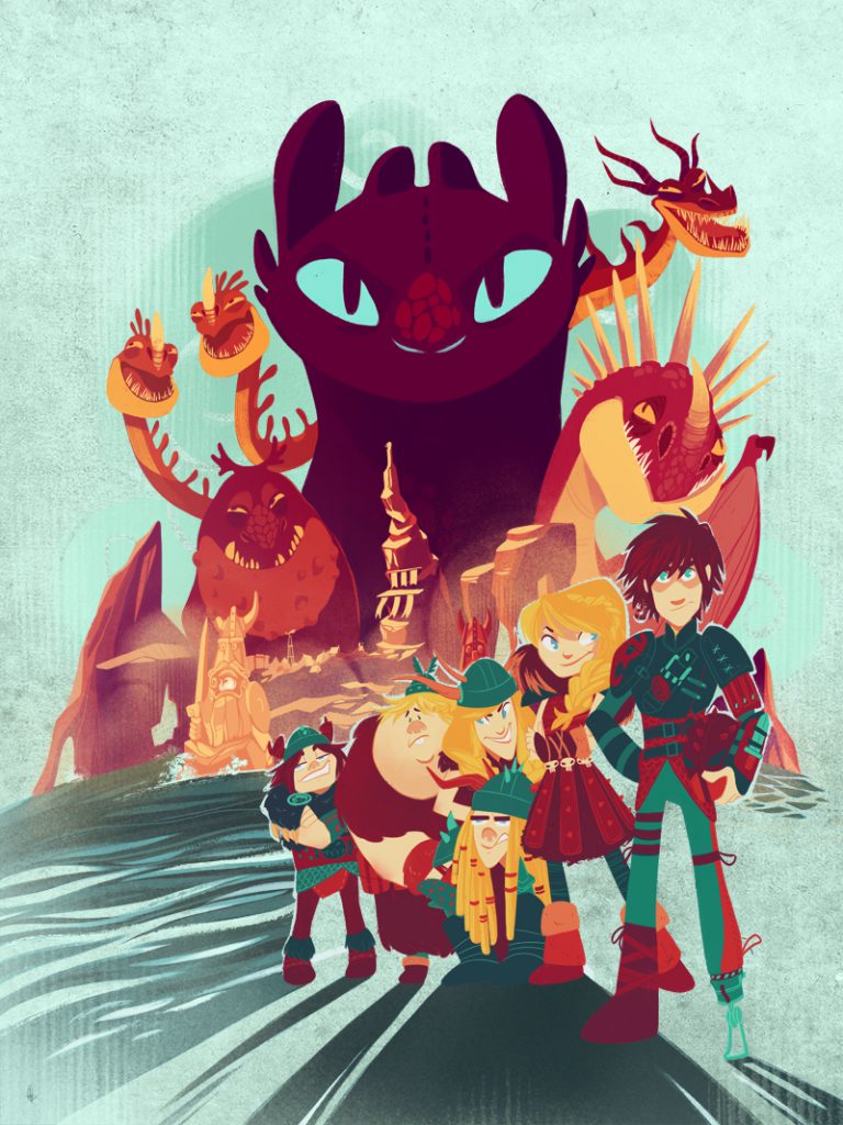 Drawing showing the HTTYD Riders and dragons