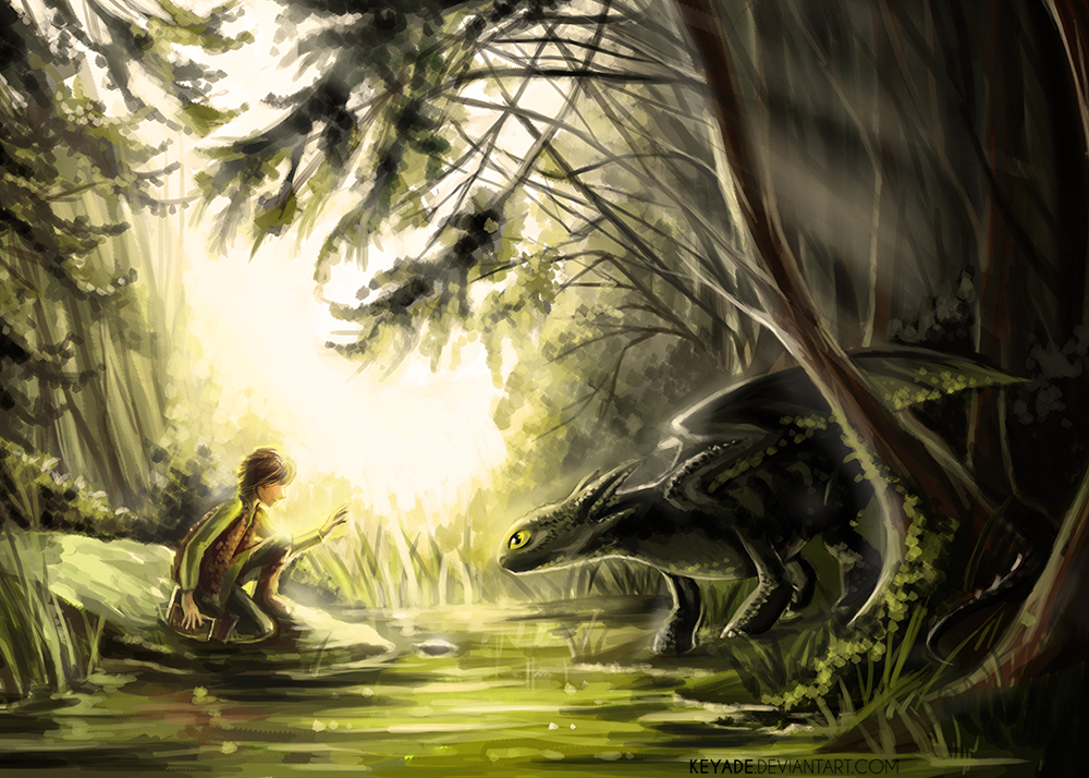 Hiccup reaching out towards Toothless, in a lush and sunlit forest.