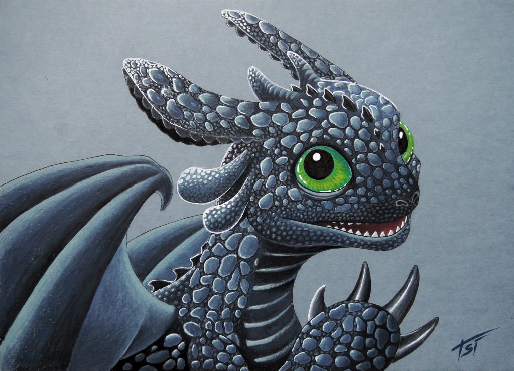 Portrait of cheerful Toothless, drawn with coloured pencil on toned paper.