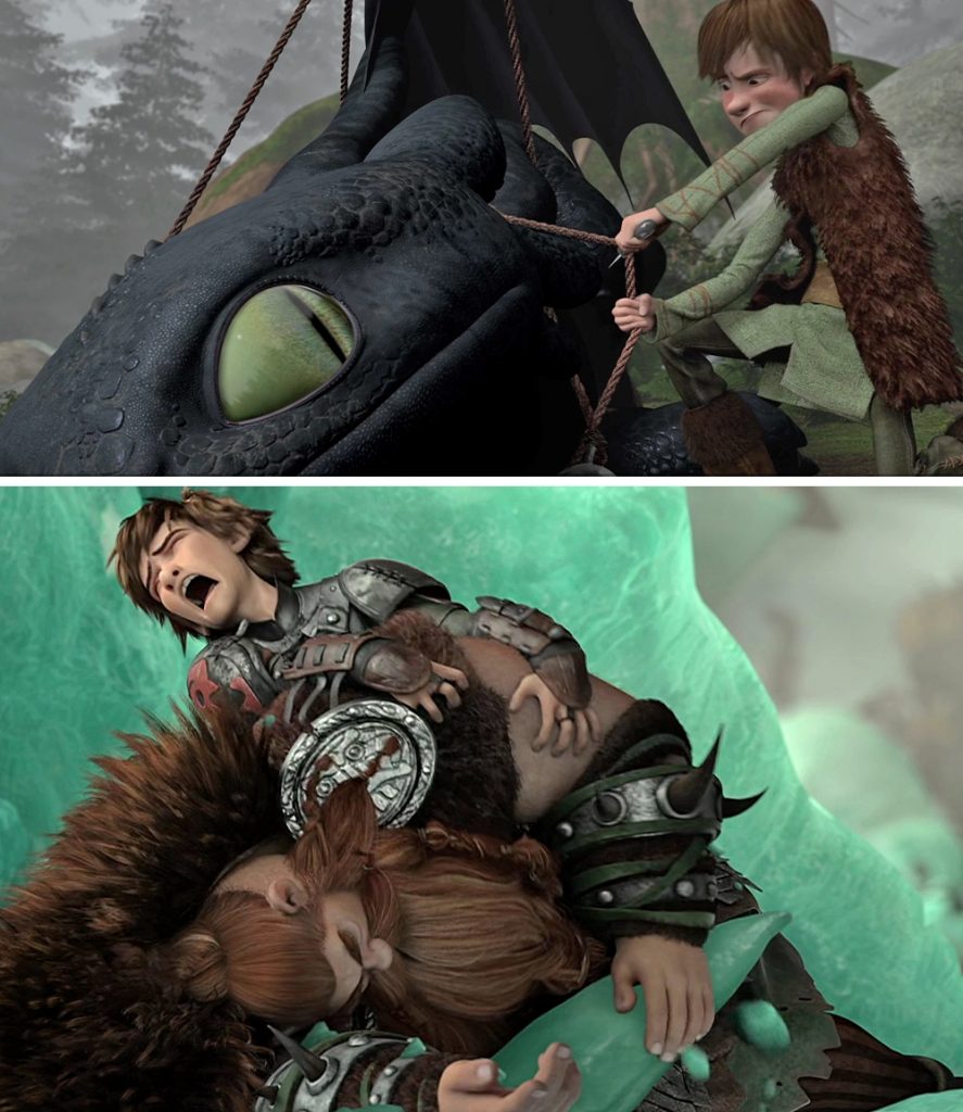 Scene showing Hiccup freeing Toothless from his ropes, Hiccup mourning death of father