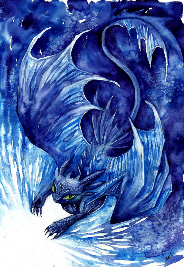 Toothless flying, painted with blue watercolour.