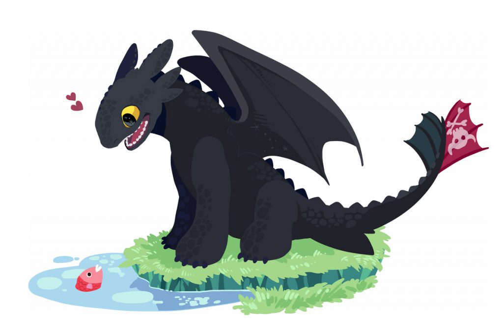 Children's book style drawing of Toothless cheerfully looking at a fish in the water.