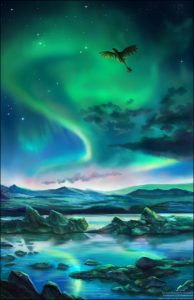 A Night Fury dragon flying at night, an Aurora lighting up the sky and landscape.