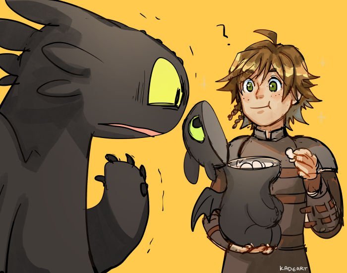 Hiccup eating popcorn from a Toothless-shaped tub, Toothless see this and is shocked.