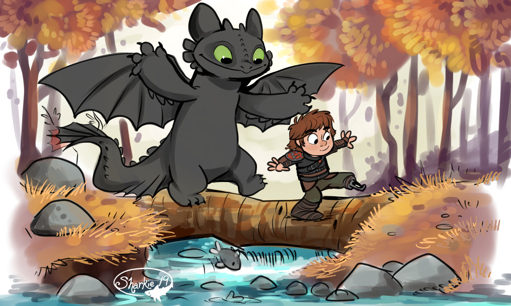 Hiccup and Toothless walking on a log across a river.