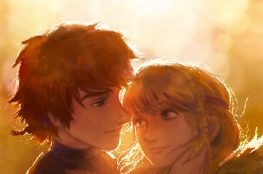 Hiccup and Astrid being affectionate to one another with a bright background and dragon flying in the sky.