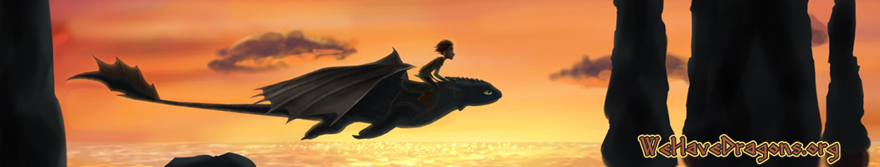 WeHaveDragons.org website header - Hiccup flying on Toothless with sunset in background.