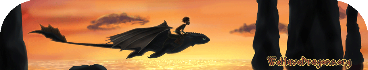 WeHaveDragons.org website header - Hiccup flying on Toothless with sunset in background.