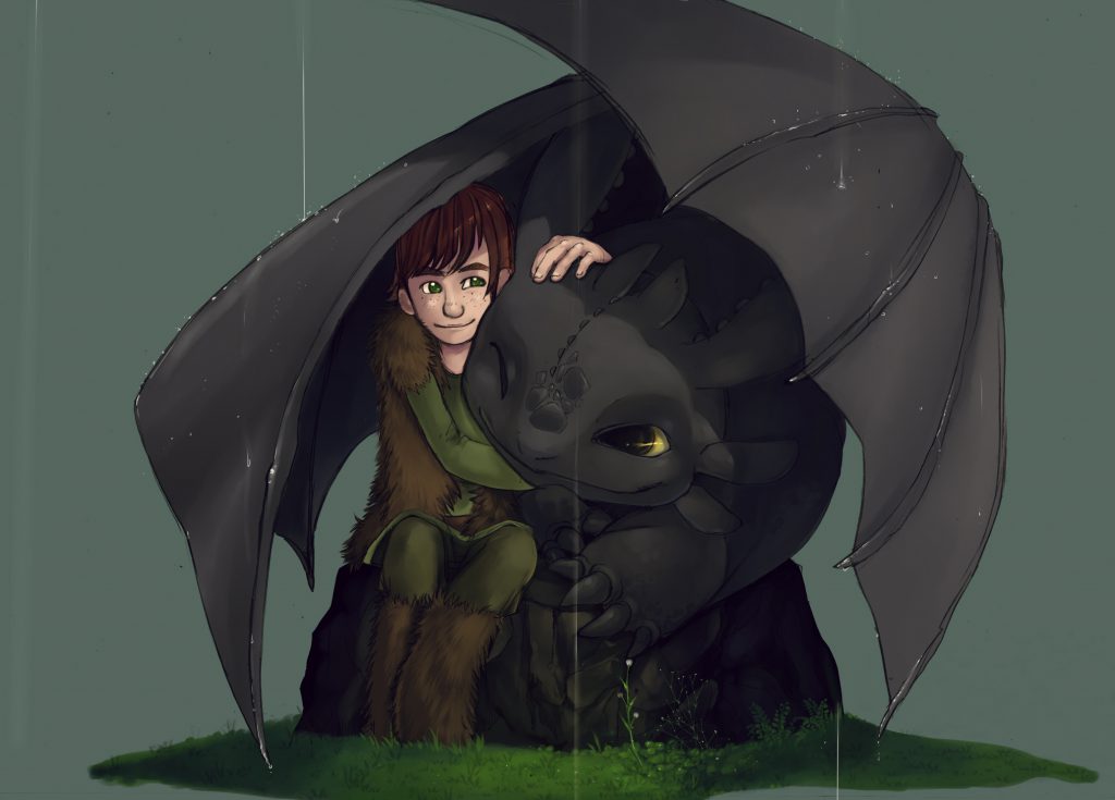 Hiccup and Toothless hugging, rain falling. Toothless keeping Hiccup dry by shielding him from the rain with his wings.